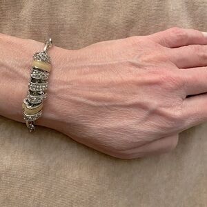 ✅Silver plate link bracelet,heart shaped beads w/  rose design, enamel & CZ.